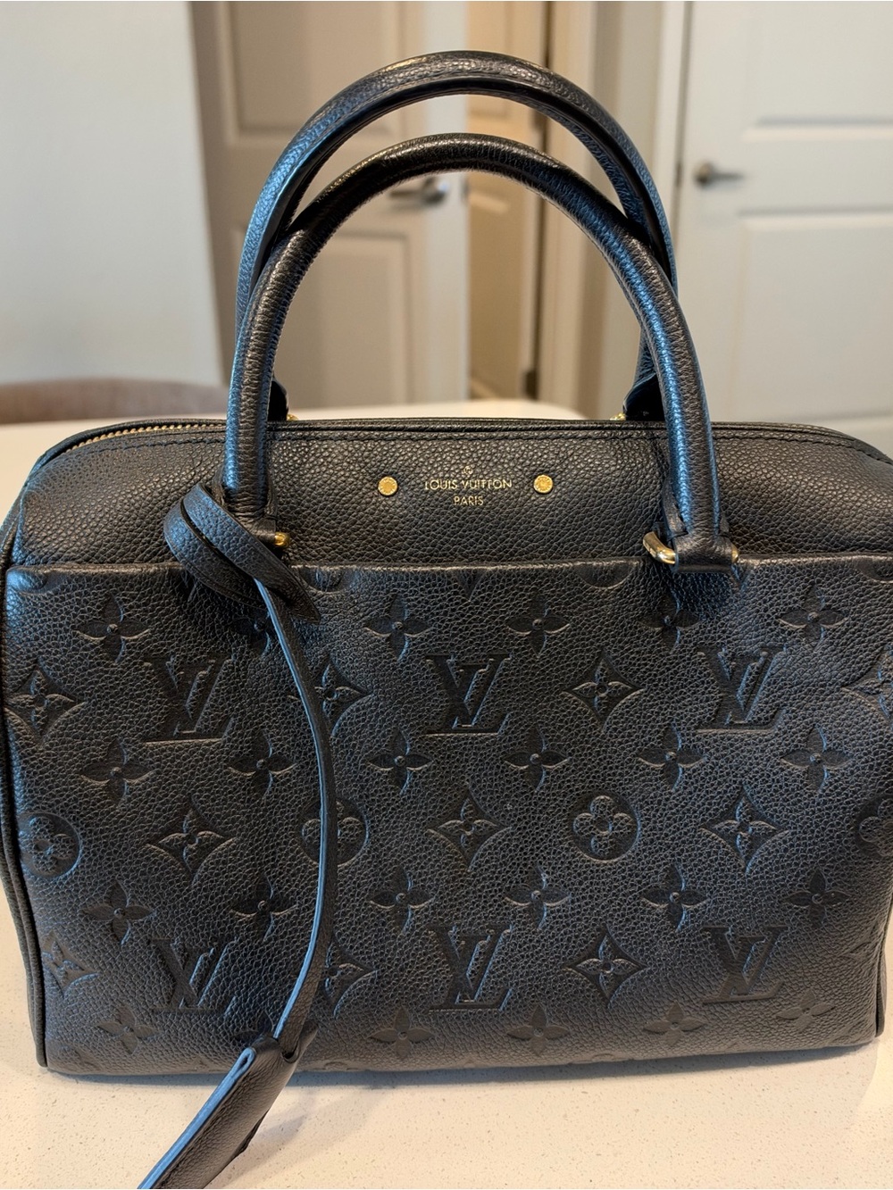Louis Vuitton Black Monogram Empreinte Satchel with Gold Hardware